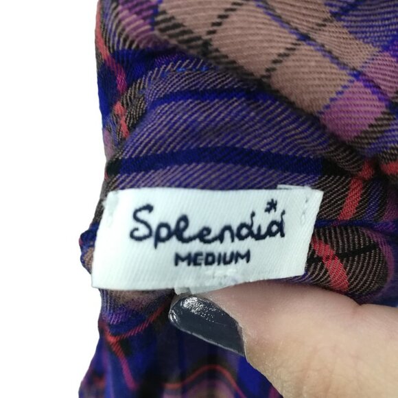 Splendid Plaid Popover Collar Roll Tab Sleeve Shirt Blouse Size M Blue Red Rayon - Picture 2 of 10